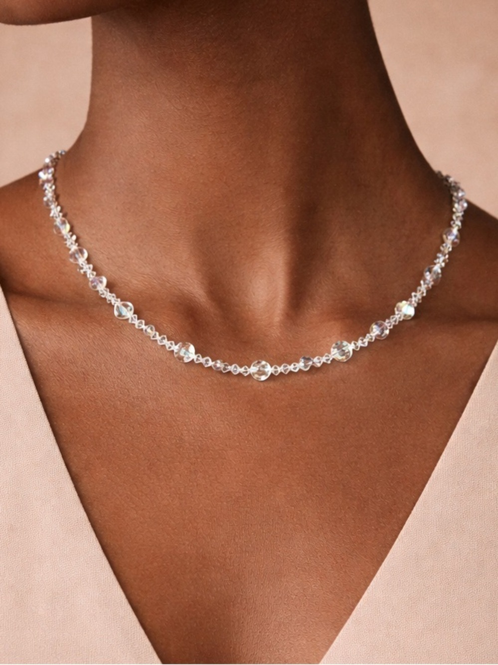 Iridescent Crystal Beaded Necklace AB Glass Sparkle Minimalist Choker Necklace